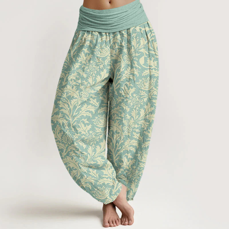 Buddha Stones Cotton Flowers Buds Serrated Leaves Pattern Women's Elastic Waist Harem Pants
