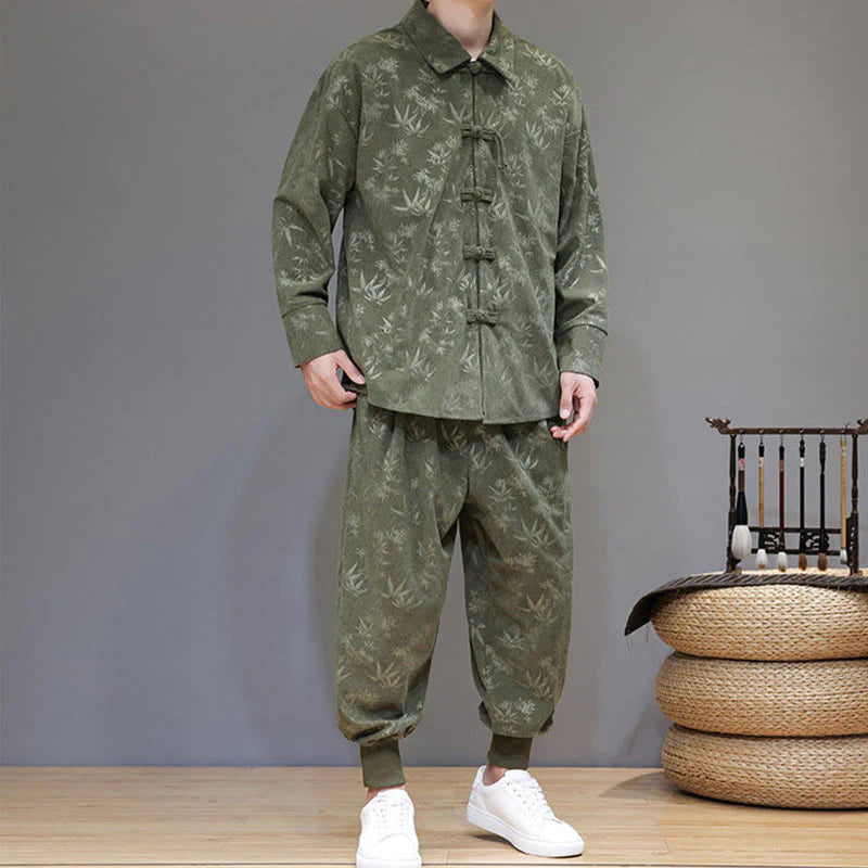Buddha Stones 2Pcs Winter Thick Bamboo Men's Tang Suit Frog-Button Cotton Corduroy Long Sleeve Jacket Pants Set With Pockets