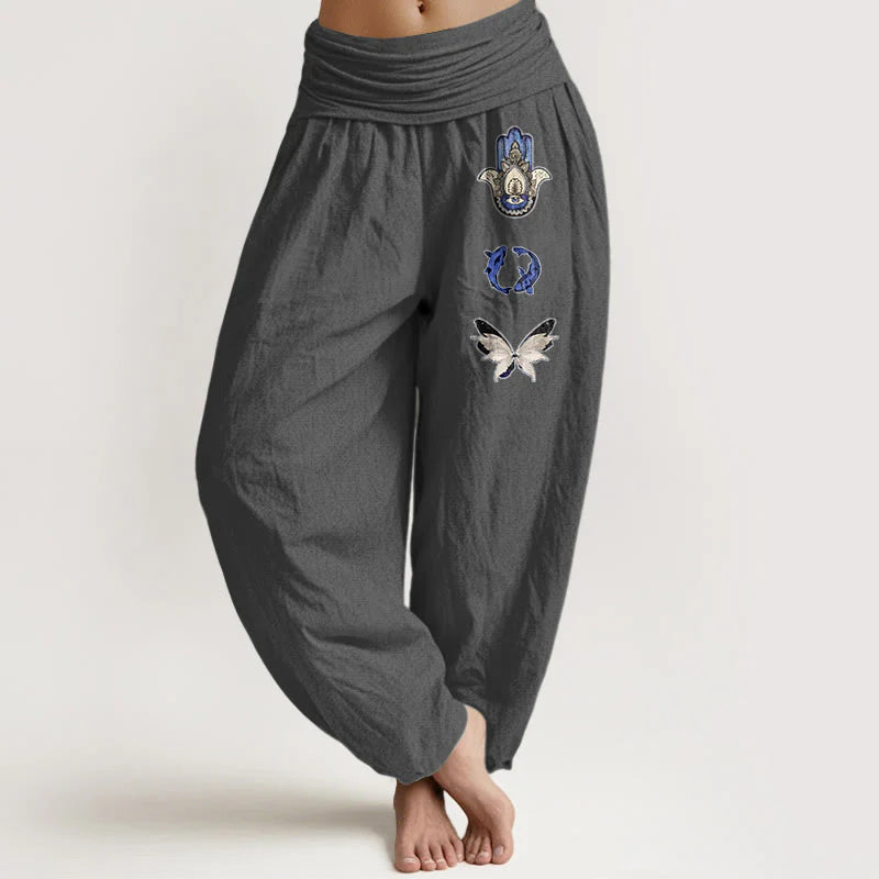 Buddha Stones Pure Cotton Hamsa's Hand Koi Fish Butterfly Pattern Women's Elastic Waist Harem Pants