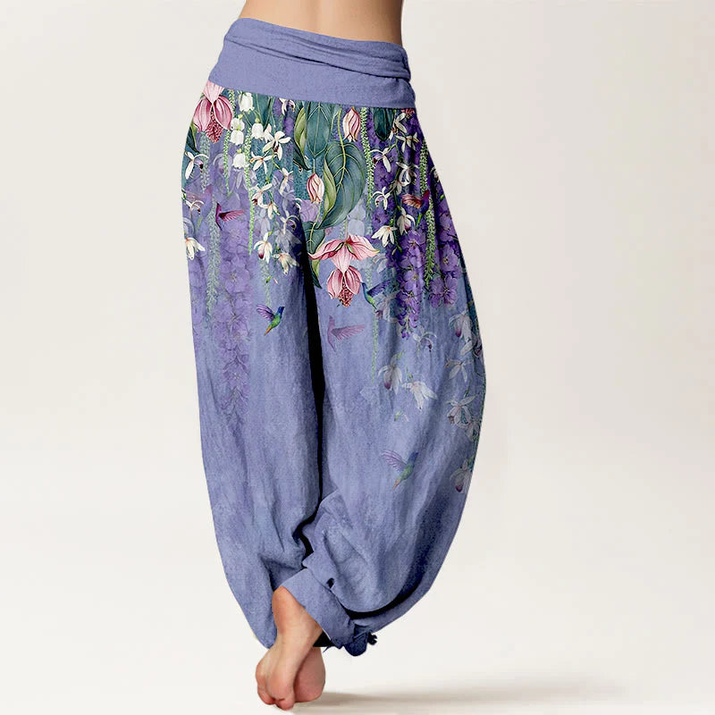 Buddha Stones Pure Cotton Orchid Birds Pattern Women's Elastic Waist Harem Pants