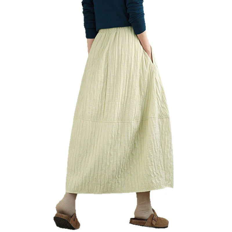 Buddha Stones Plain Pleats Design Elastic Waist Women's Thermal Skirt With Pockets