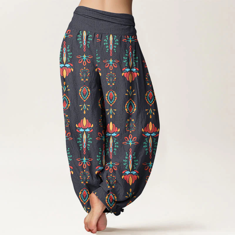 Buddha Stones Pure Cotton Colorful Lotus Flowers Green Leaves Geometric Women's Elastic Waist Harem Pants