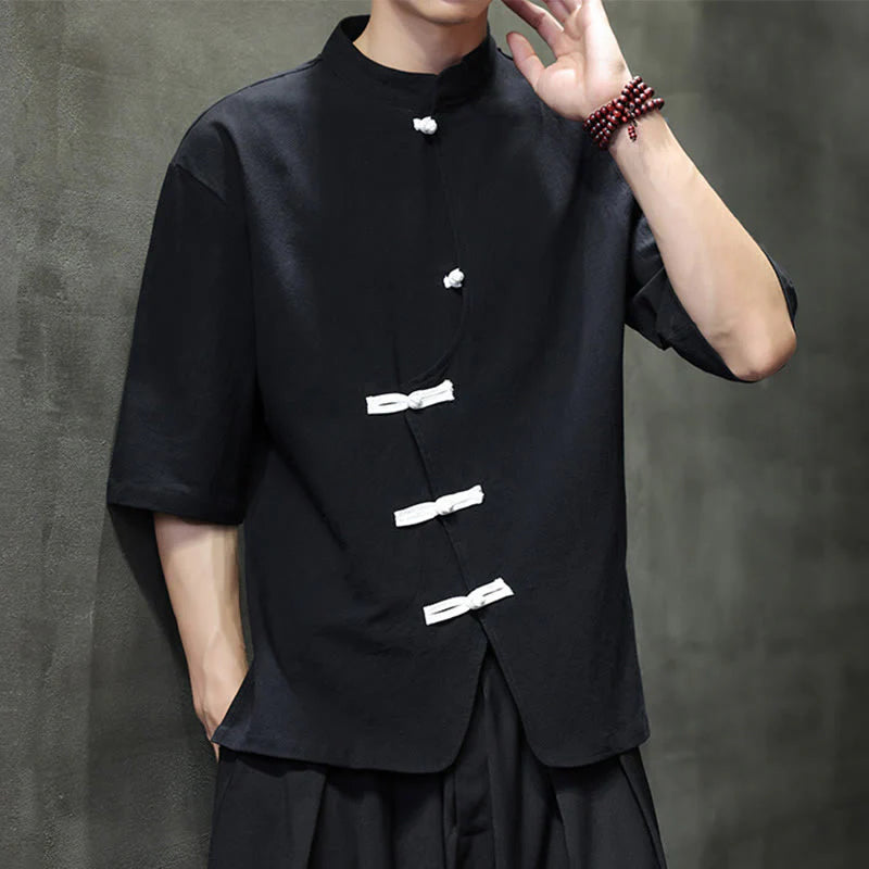 Buddha Stones Plain Chinese Frog-Button Stand Collar Cotton Linen Men's Half Sleeve Shirt