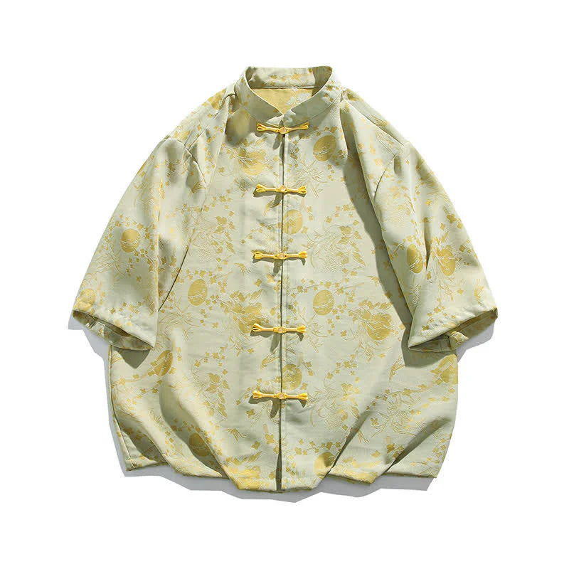 Buddha Stones Summer Vintage Elegant Mandarin Collar Gold Cloud Pattern Elbow Sleeve Men's Shirt
