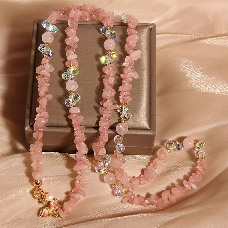 Buddha Stones Butterfly Flower Amethyst Strawberry Quartz Balance Necklace Pendant