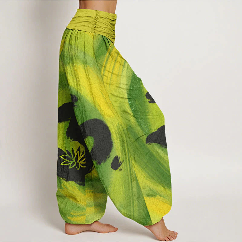 Buddha Stones Cotton OM Symbol Lotus Flower Pattern Women's Elastic Waist Harem Pants