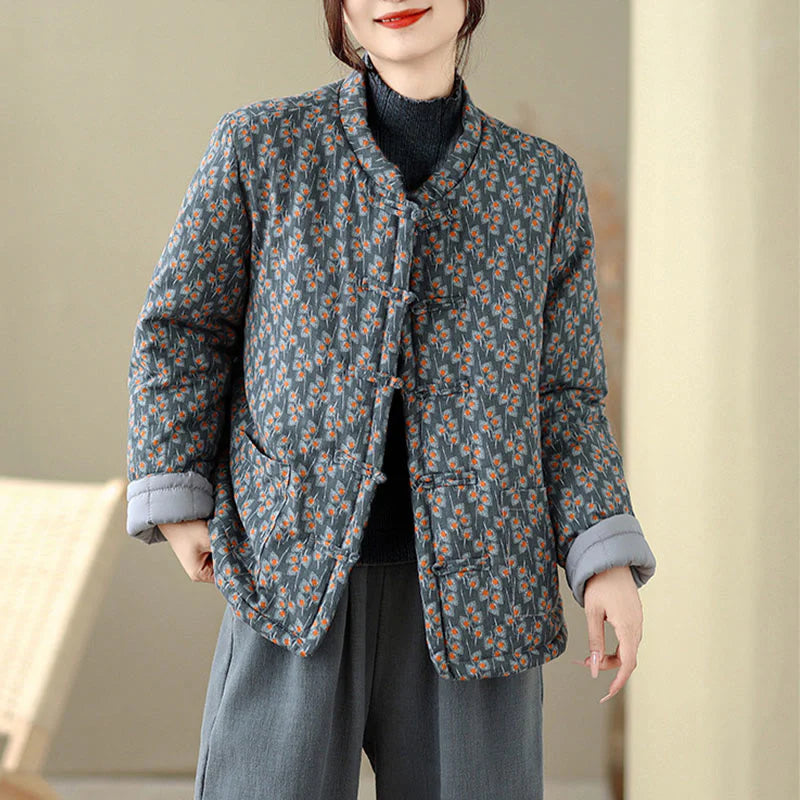 Buddha Stones Winter Frog-button Floral Long Sleeve Women's Thickened Cotton Jacket With Pockets