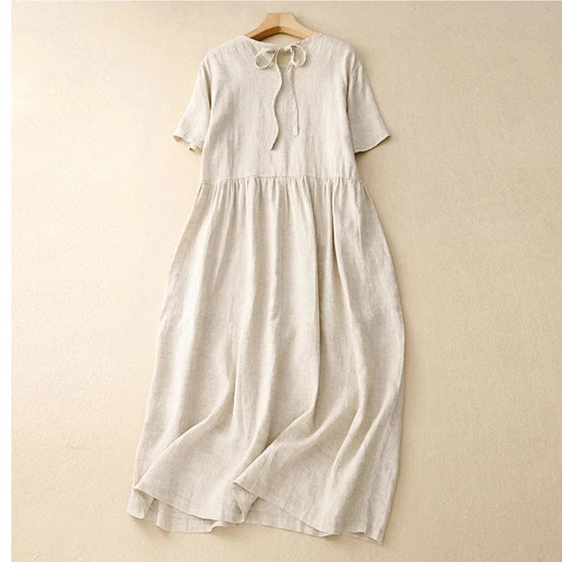 Buddha Stones Casual Short Sleeve Bowknot Tie Straps Women's Midi Dress With Pockets