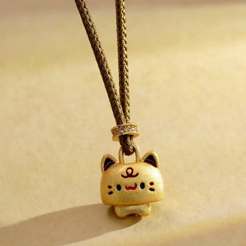 Buddha Stones Cute Cat Copper Plated Gold Adjustable Braided Rope Protection Necklace Pendant