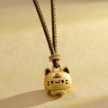Buddha Stones Cute Cat Copper Plated Gold Adjustable Braided Rope Protection Necklace Pendant