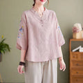 Buddha Stones Summer Embroidery Flower Three Quarter Sleeve Design Women's Cotton Linen  Notched Collar Shirt