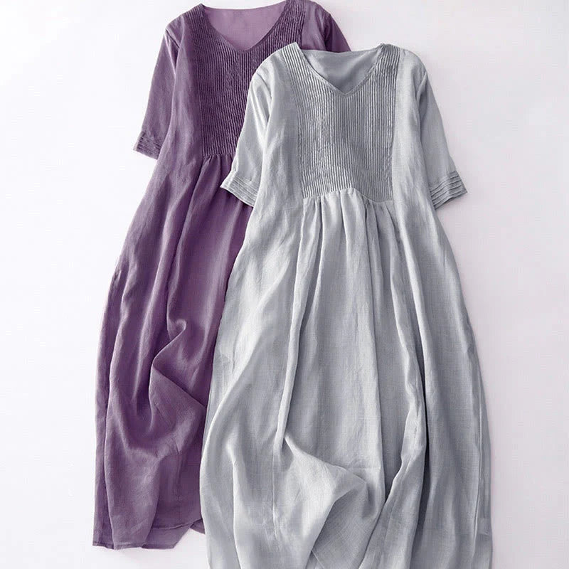 Buddha Stones Casual Accordion Pleat Plain V-neck Short Sleeve Cotton Midi Dress With Pockets