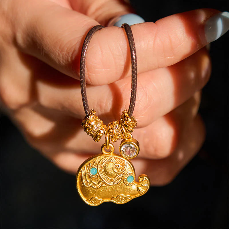 Buddha Stones Elephant Symbol 24k Gold Plated Brass Strength Rope Necklace Pendant