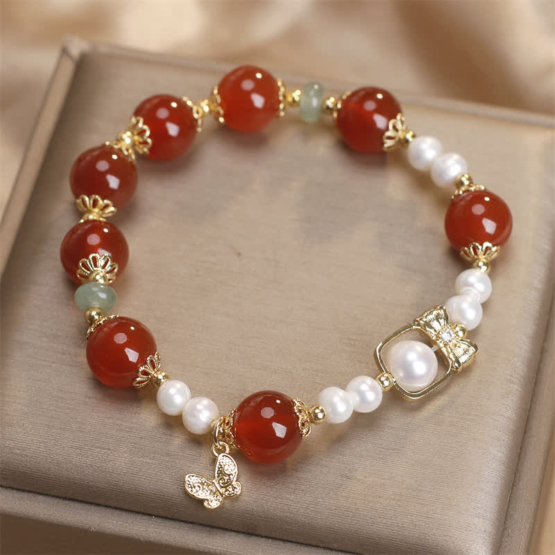 Buddha Stones Natural Red Agate Pearl Butterfly Self-acceptance Bracelet