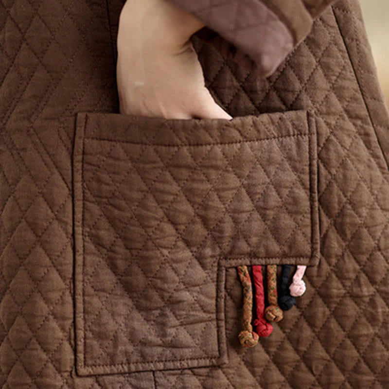 Buddha Stones Diamond Pattern Mid-length Women's Cotton Coat With Pockets