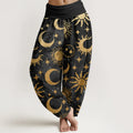 Buddha Stones Cotton Crescent Moon Sun Stars Pattern Design Women's Elastic Waist Harem Pants