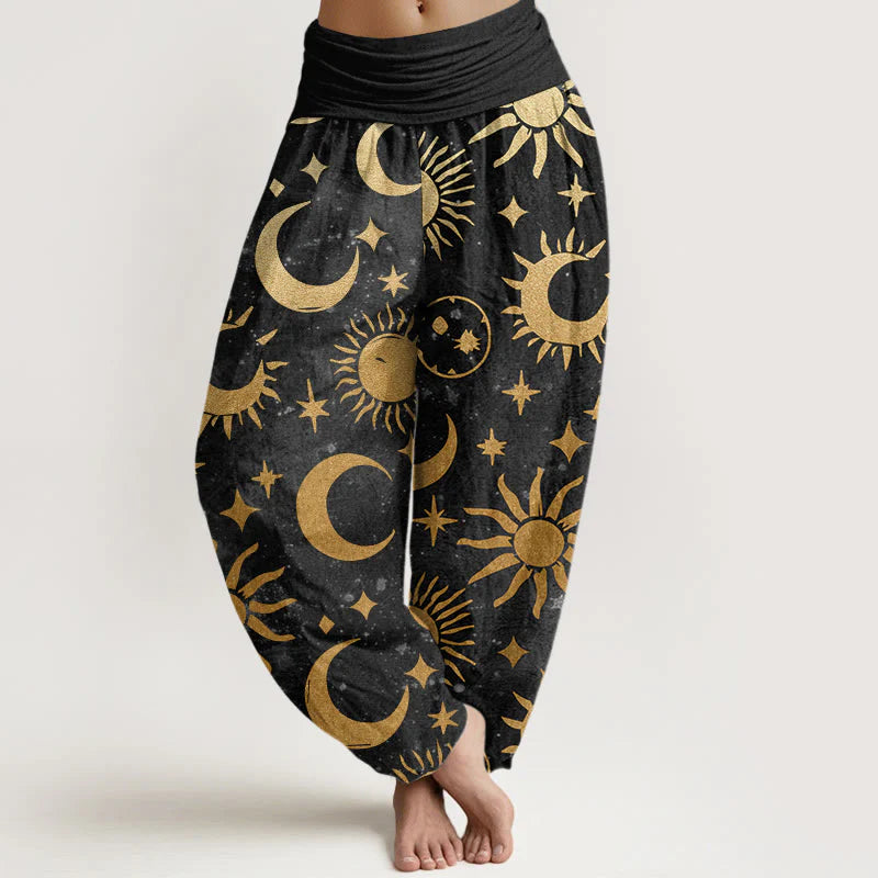Buddha Stones Cotton Crescent Moon Sun Stars Pattern Design Women's Elastic Waist Harem Pants