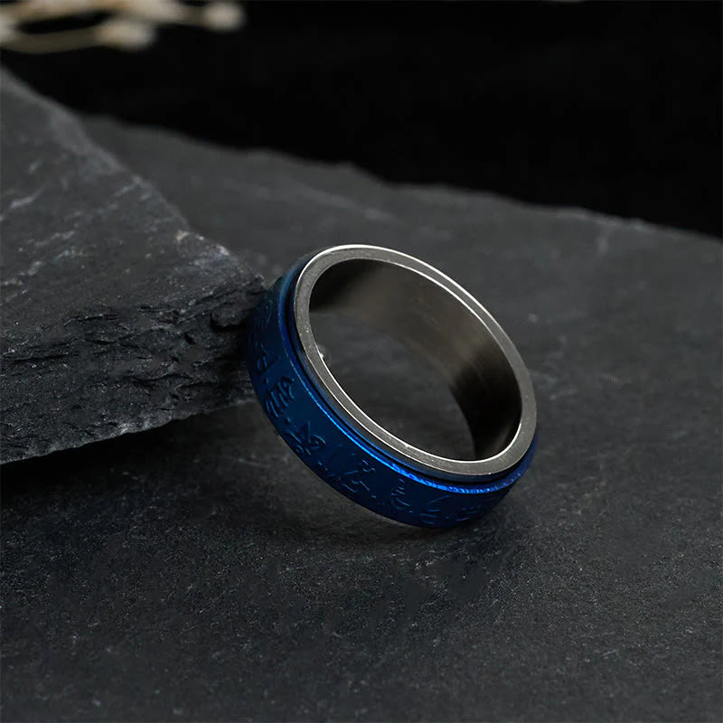 Buddha Stones Tibetan Scriptures Blue Pharmacist Mantra Titanium Steel Spinner Balance Ring
