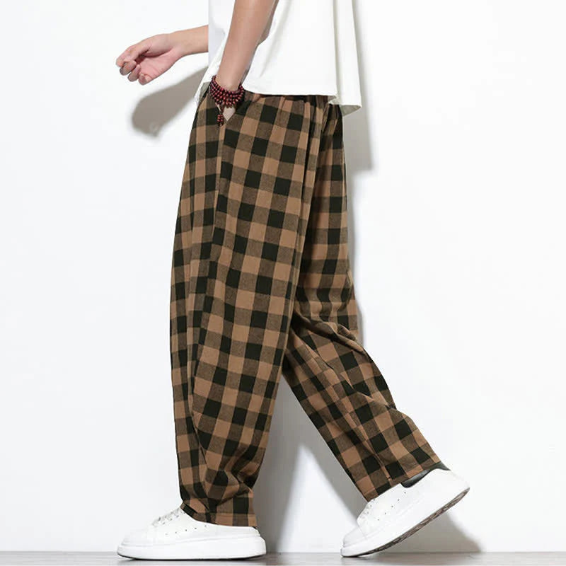 Buddha Stones Summer Plaid Pattern High Waist Drawstring Men's Harem Pants With Pockets