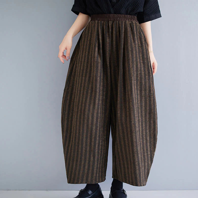 Buddha Stones Casual 7-8 Length Corduroy Stripes Women's Polyester Wide Leg Pants With Pockets