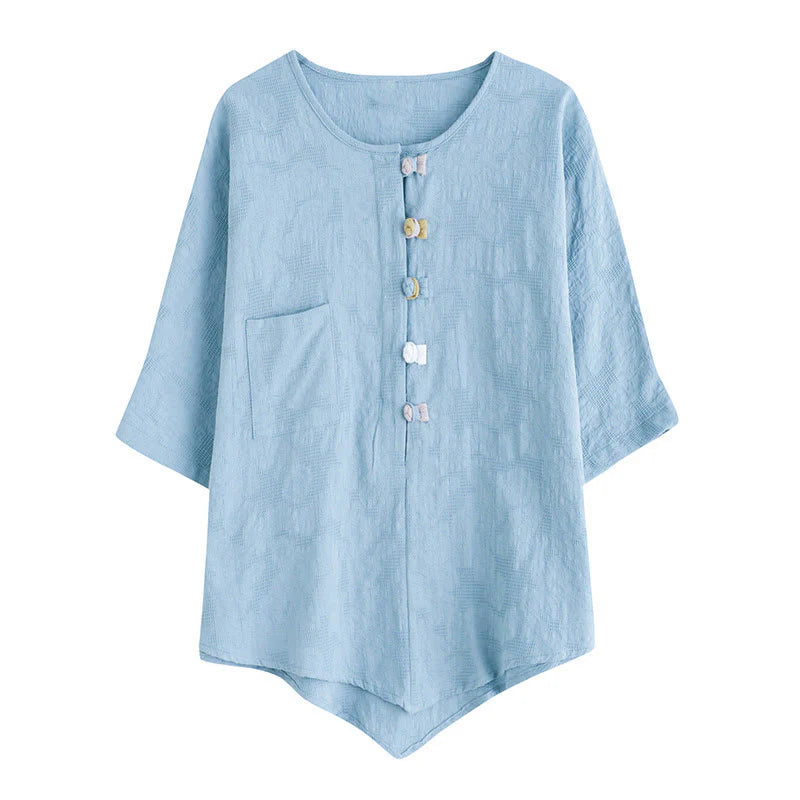 Buddha Stones Casual Flower Colorful Frog Button Half Sleeve Cotton Linen Women's Shirt