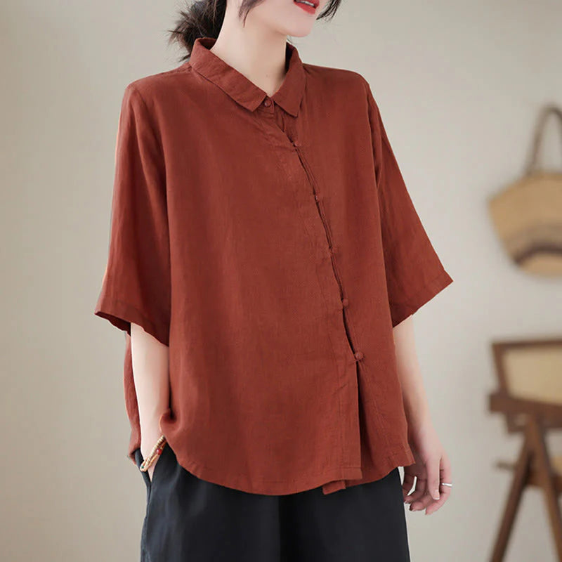 Buddha Stones Lapel Frog-Button Diagonal Placket Design Three Quarter Sleeve Women's Cotton Shirt