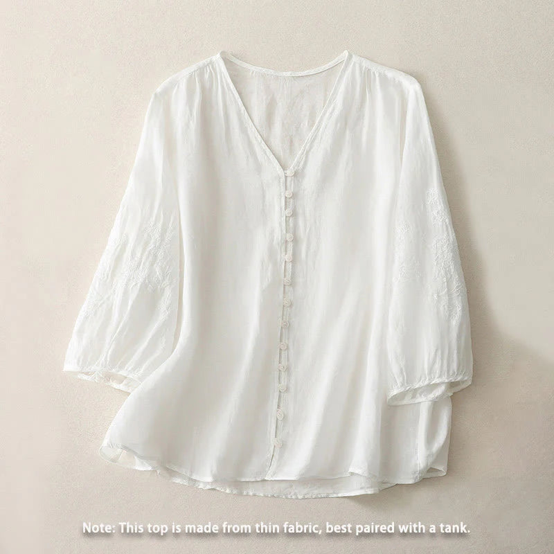 Buddha Stones Embroidery Button-down Women's Cotton Linen Shirt