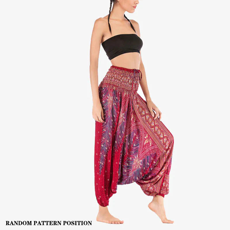 Buddha Stones Two Style Wear Feathers Geometric Pattern Loose Smocked Trousers Jumpsuit Women's Yoga Pants