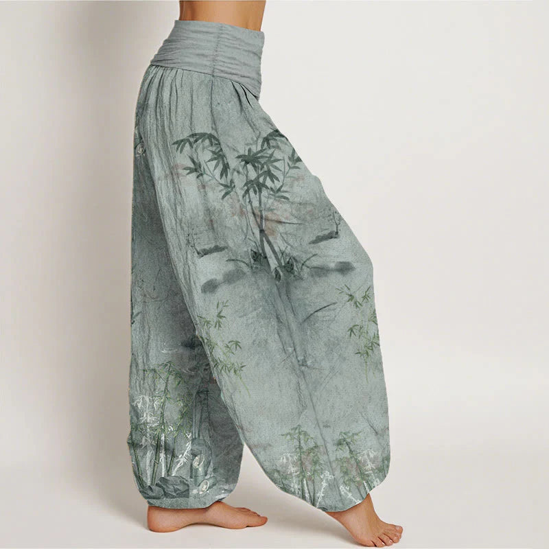 Buddha Stones Cotton Casual Bamboo Rock Ink Painting Women's Elastic Waist Harem Pants