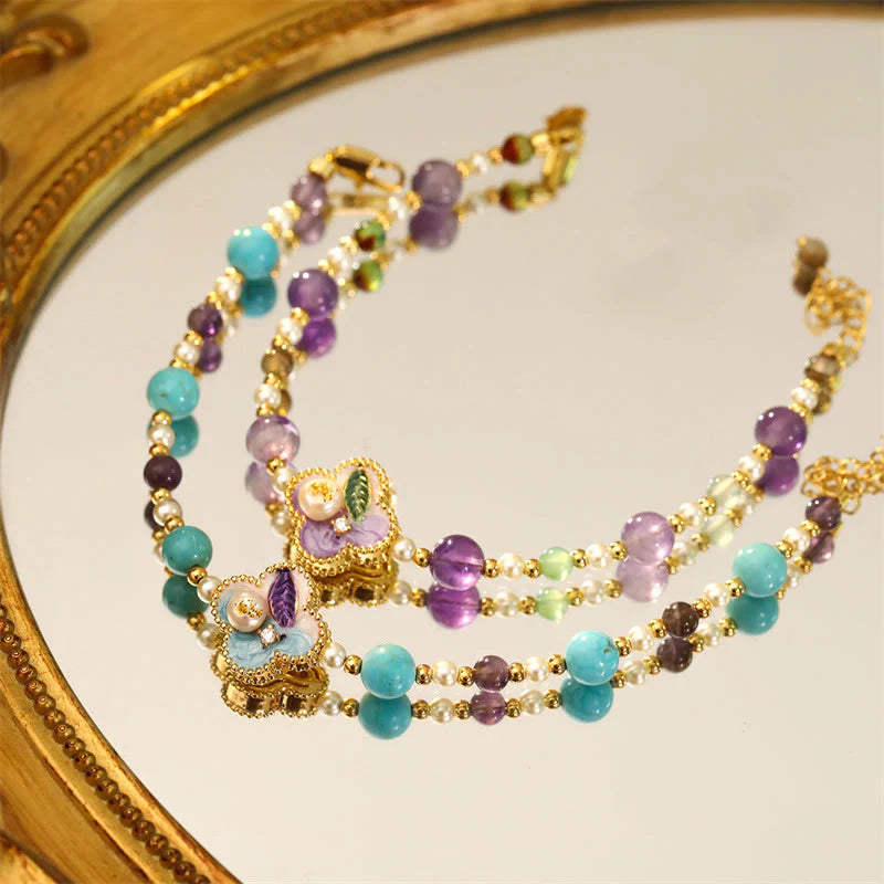 Buddha Stones Pearl Turquoise Beads Flower Design Copper Luck Chain Bracelet