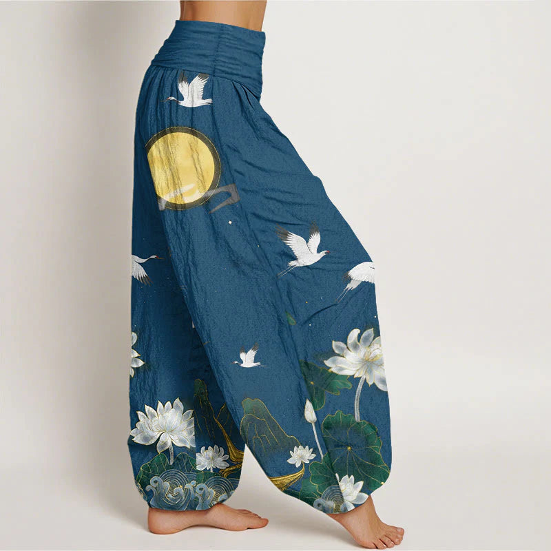 Buddha Stones Pure Cotton Crane Blooming Lotus Moon Mountain Women's Elastic Waist Harem Pants