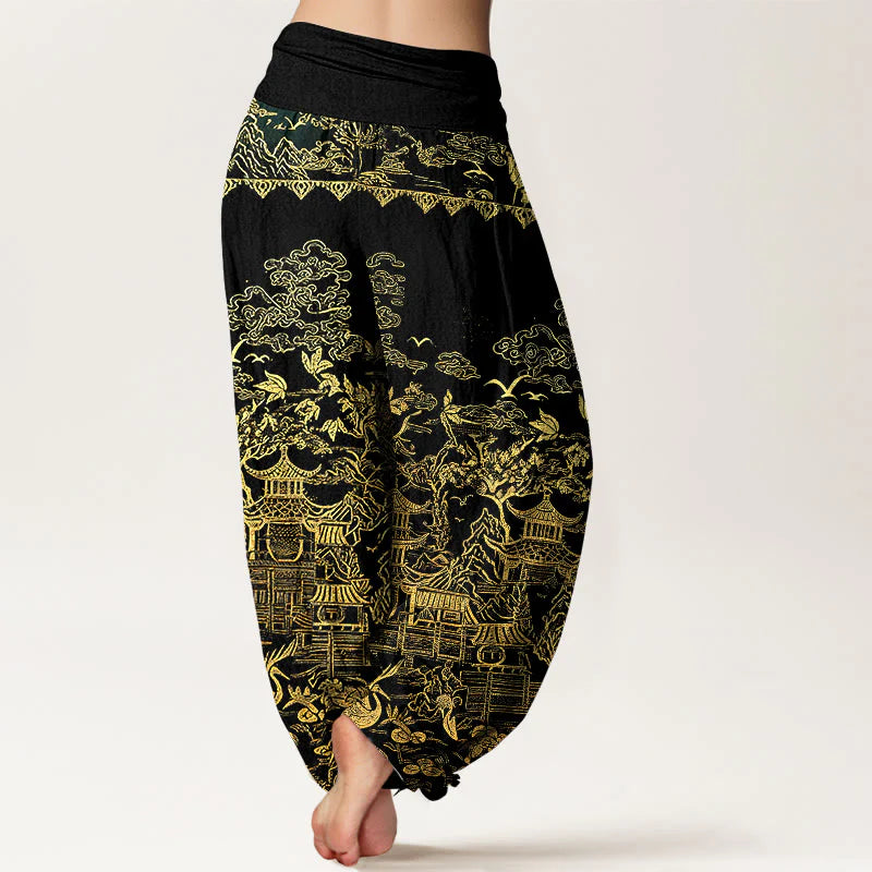 Buddha Stones Cotton Classical Architecture Landscape Animal Auspicious Clouds Pattern Women's Elastic Waist Harem Pants