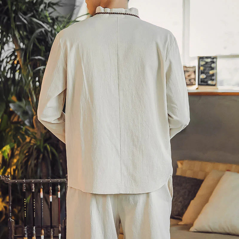 Buddha Stones 2Pcs Shirt Ankle-Length Pants With Pockets Men's Meditation Cloth Set
