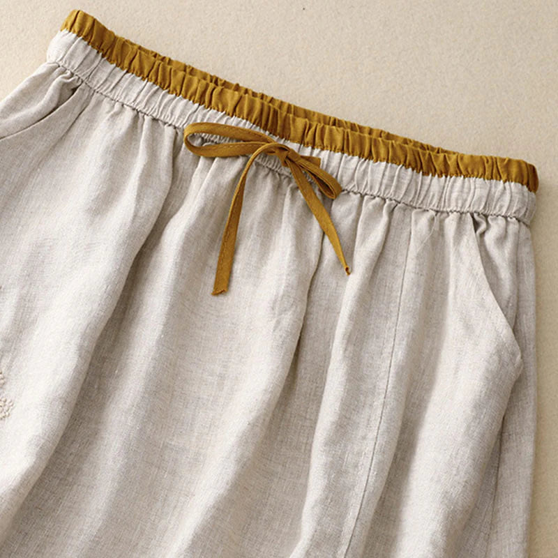Buddha Stones Vintage Solid Embroidery Drawstring Women's Skirt With Pockets