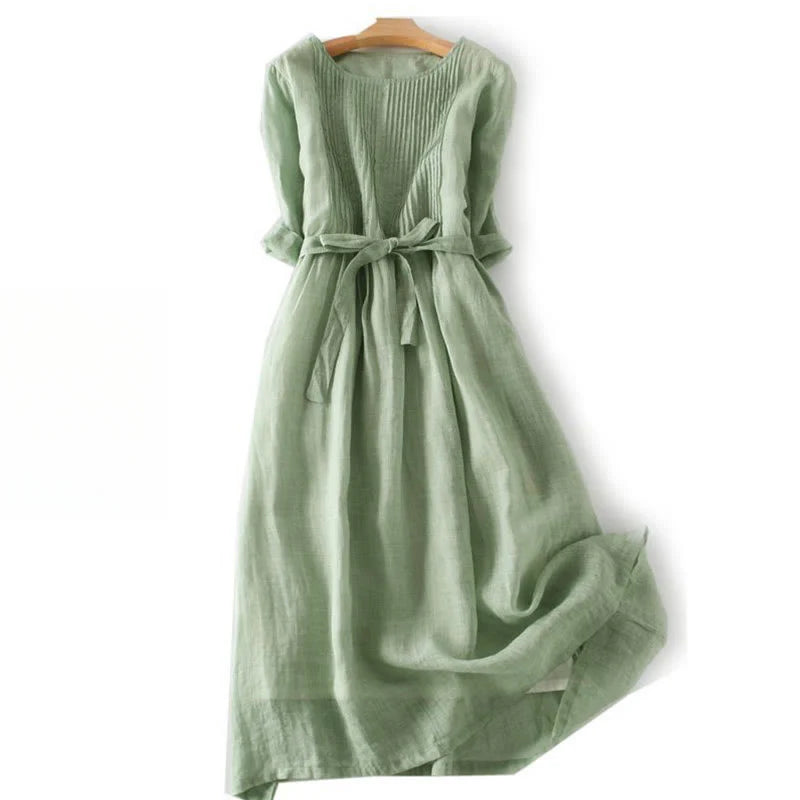 Buddha Stones Casual Lace-up Plain Crew Neck Half Sleeve Midi Dress With Pockets