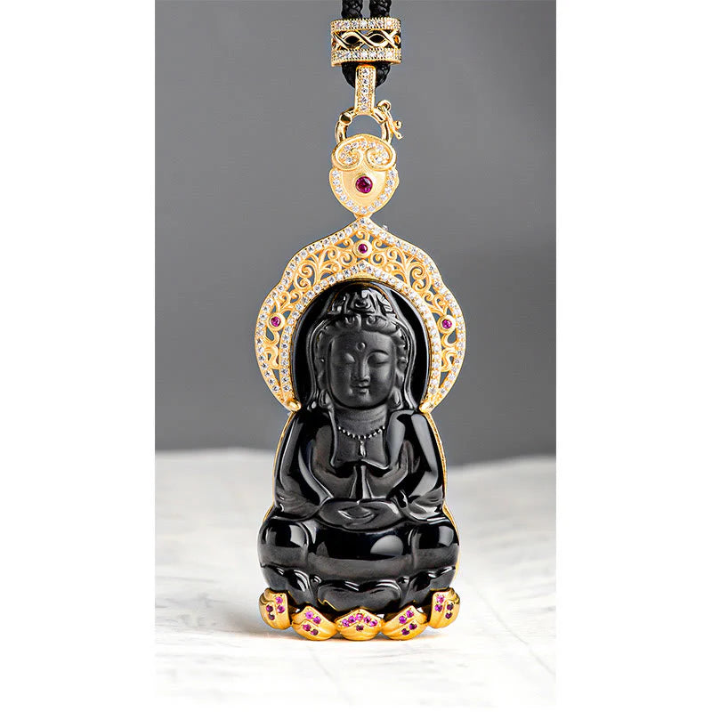 Buddha Stones Natural Black Jade Kwan Yin Avalokitesvara Wealth Titanium Steel Chain Necklace Pendant