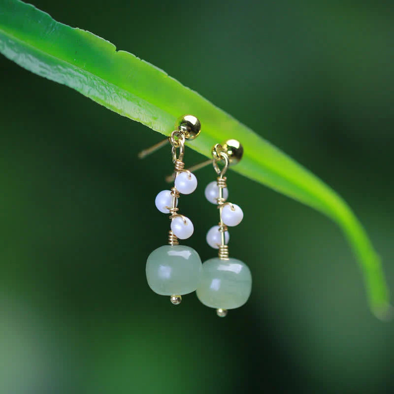 Buddha Stones Hetian Jade Flower Pattern 14K Gold Plated Luck Drop Dangle Earrings