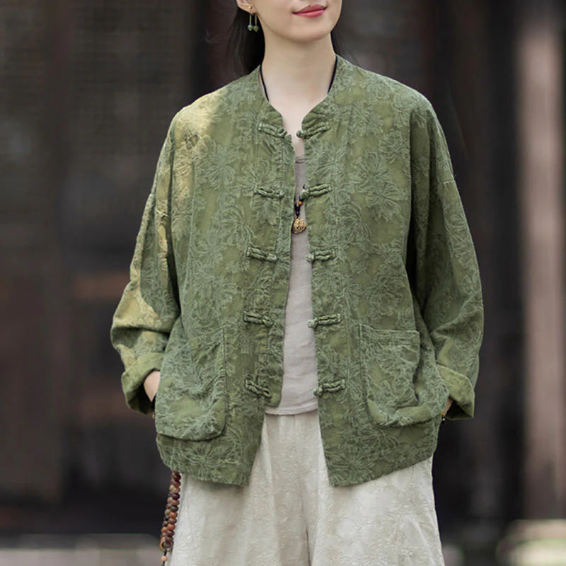 Buddha Stones Fall Jacquard Women's Frog-Button Long Sleeve Shirt Pants Cotton Linen Clothing