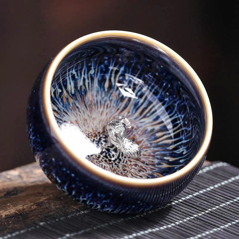 Buddha Stones Handmade Chinese Jianzhan Koi Fish Lotus Dragon Phoenix 12 Chinese Zodiac Ceramic Teacup Kung Fu Tea Cup 70ml