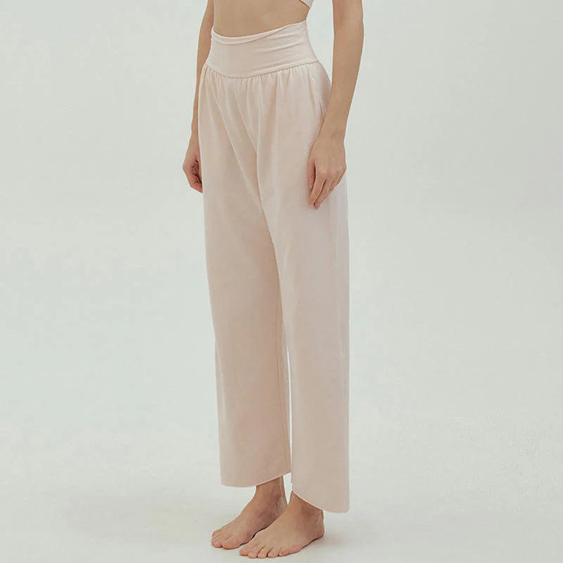 Buddha Stones Casual Loose Tie-down Hem Plain High Waist Women's Leica Pants With Pockets