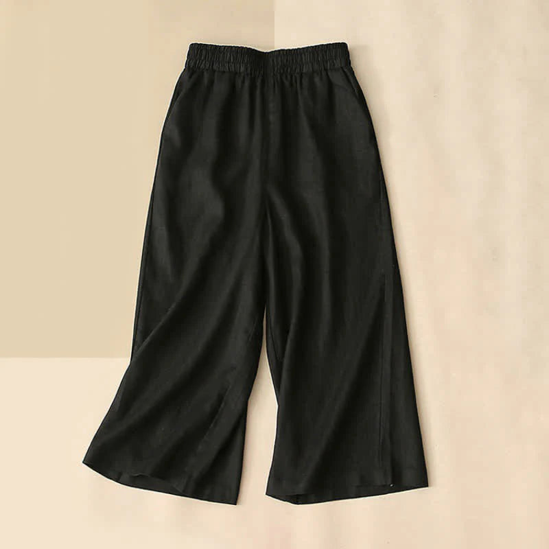 Buddha Stones High Waist Capri Cropped Women's Wide Leg Cotton Pants With Pockets