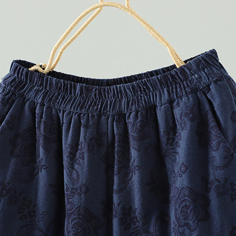 Buddha Stones Jacquard Cotton-padded Women's Wide Leg Thermal Ankle-Length Pants With Pockets