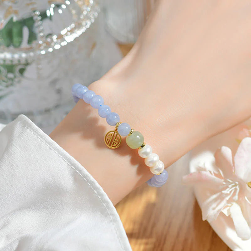 Buddha Stones Blue Chalcedony Pearl Beads Energy Bracelet