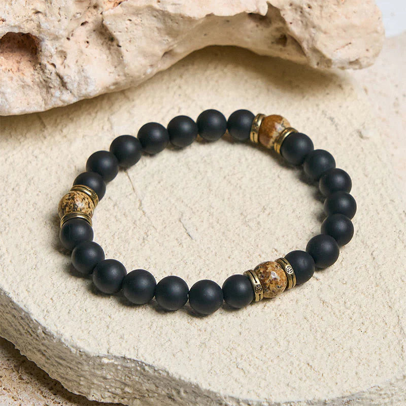 Buddha Stones Natural Frosted Black Onyx Picture Jasper Fortune Bracelet