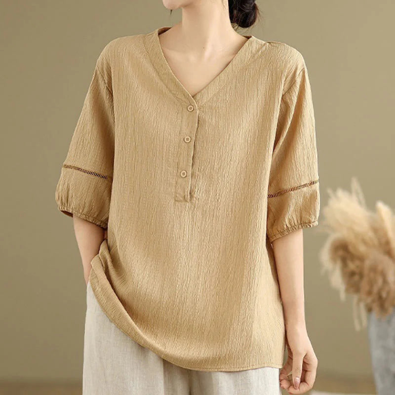 Buddha Stones Casual Plain Button V-Neck Women's Polyester Short Sleeve Shirt