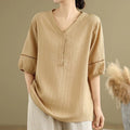 Buddha Stones Casual Plain Button V-Neck Women's Polyester Short Sleeve Shirt