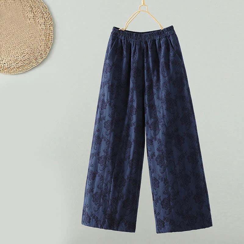 Buddha Stones Jacquard Cotton-padded Women's Wide Leg Thermal Ankle-Length Pants With Pockets