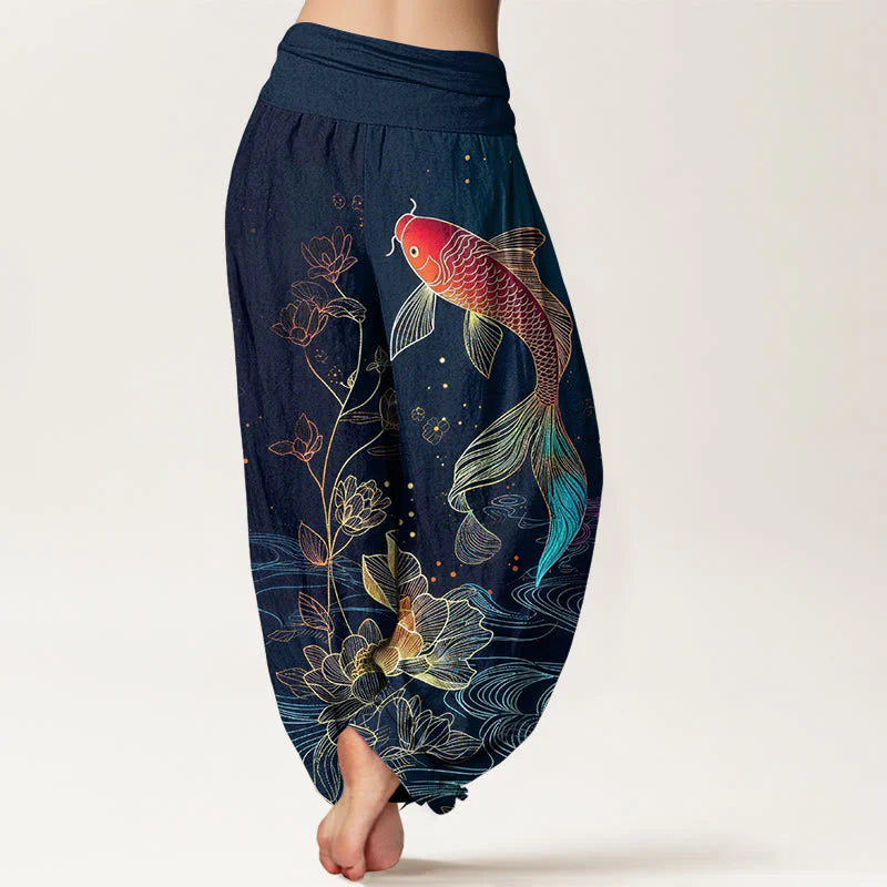Buddha Stones Lotus Koi Fish Pattern Women's Elastic Waist Pure Cotton Harem Pants
