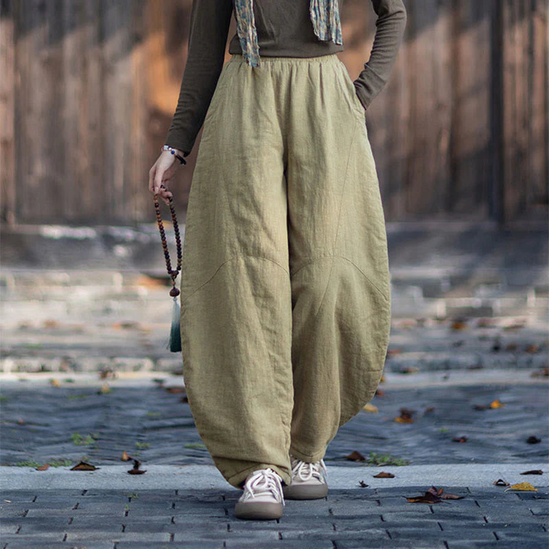 Buddha Stones Winter Elastic Waist Ramie Cotton Thermal Women's Pants With Pockets