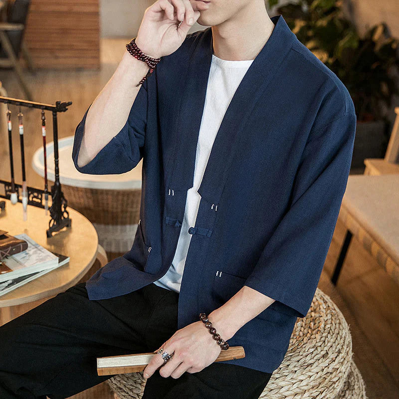 Buddha Stones Plain Chinese Frog-Button Jacket Cotton Linen Men's Three Quarter Sleeve Kimono